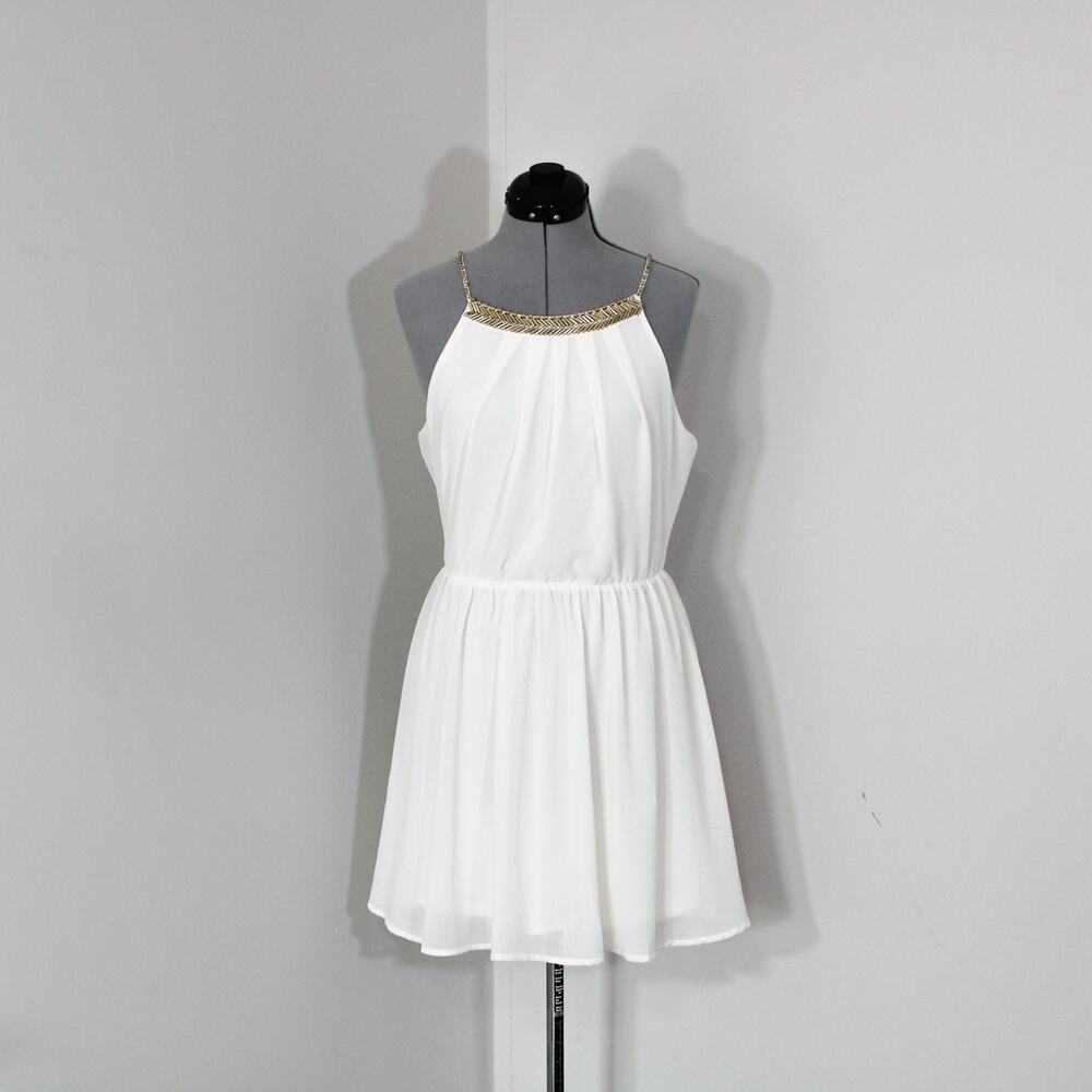 Forever21 White Fit and Flare Dress with Gold Beading Size Medium